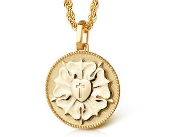 14K Solid Gold Luther Rose Pendant, Christian Coin Necklace, Religious Jewelry, Lutheran Charm, Luther Seal Pendant, Martin Luther Necklace