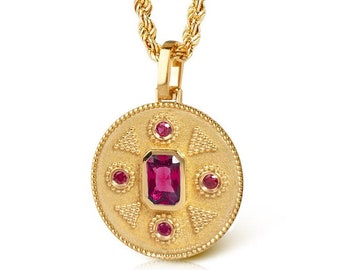 Roter Rubin byzantinischer Goldschmuck, Gold-Frauen-Rubin-Charme, Gold-Kaiserhalskette, etruskische Halskette, etruskischer Schmuck