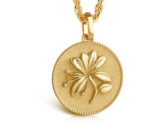 14K Solid Gold Honeysuckle Necklace: June Birth Flower Charm