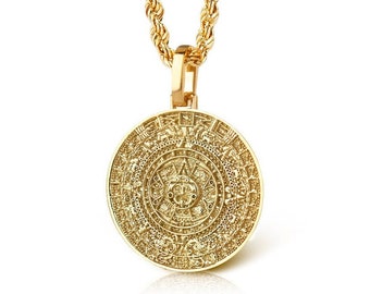 14K Gold Aztec Calendar Pendant Necklace: Mayan Sun Stone Jewelry