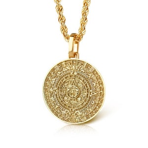 14K Gold Aztec Calendar Necklace, Ancient Mayan Pendant, Gold Mexican Jewelry, Aztec Jewelry, Sun Stone Charm, Mexican Gift, Gold Aztec Gift