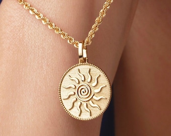 14K Gold Spiral Sun Necklace: Celestial Disc Pendant