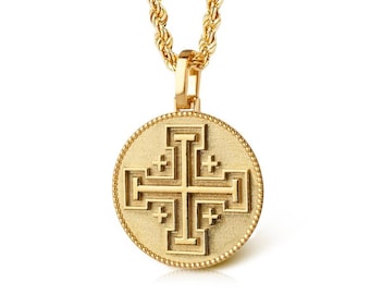 14K Gold Jerusalem Cross Pendant Necklace: Christian Religious Jewelry