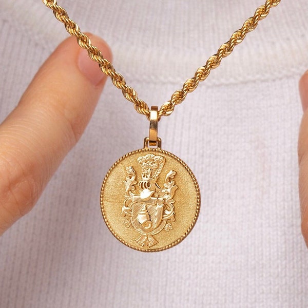 14K Solid Gold Heraldry Pendant, Coat Of Arms Necklace, Custom Family Crest Jewelry, Men Gold Pendant, Personalized Family Emblem Necklace
