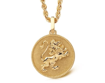 14K Solid Gold Leo Zodiac Necklace: Lion Disc Pendant