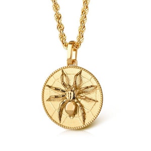 14K Solid Gold Spider Necklace: Insect Disc Pendant, Halloween Jewelry