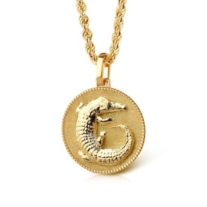 14K Solid Gold Alligator Coin Pendant: Wildlife Jewelry, Personalized Charm