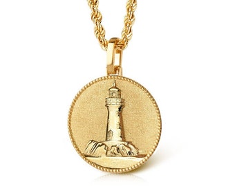 14K Gold Lighthouse Necklace: Nautical Disc Pendant, Sailor Amulet