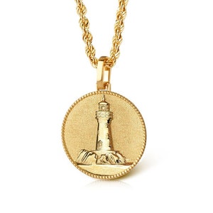 14K Gold Lighthouse Necklace: Nautical Disc Pendant, Sailor Amulet