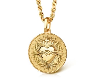 14K Solid Gold Sacred Heart Pendant, Gold Religious Coin Necklace, Heart Of Jesus Jewelry, Catholic Pendant, Flaming Sacred Heart Necklace