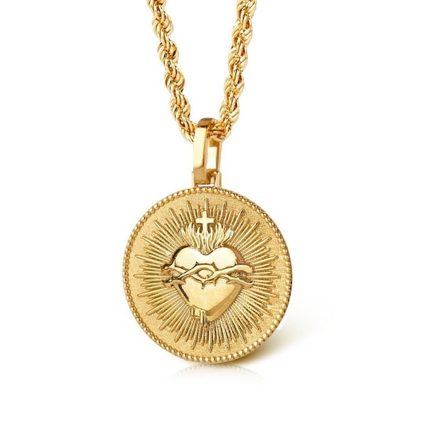 14K Solid Gold Sacred Heart Pendant, Gold Religious Coin Necklace, Heart Of Jesus Jewelry, Catholic Pendant, Flaming Sacred Heart Necklace