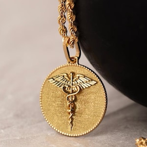 14K Solid Gold Medical Student Necklace, Caduceus Symbol Pendant Gift, Future Doctor Jewelry, Nurse Graduation Gift, Dainty Medic Jewelry