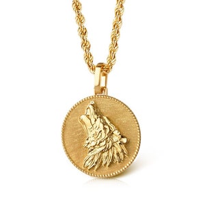 14K Solid Gold Howling Wolf Medallion Necklace