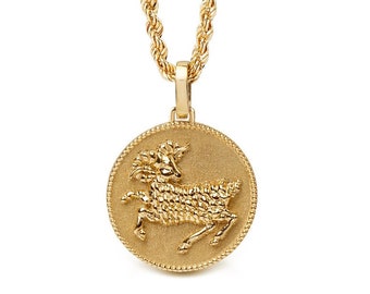 14K Solid Gold Aries Necklace: Zodiac Sign Coin Pendant