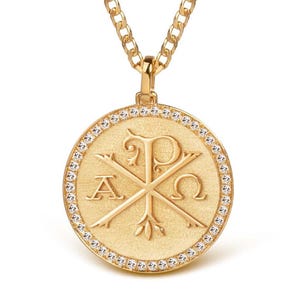 14K Gold Chi Rho Diamond Necklace, Christian Monogram Jewelry, Greek Orthodox Charm, Chi Rho Cross Pendant, Gold Protection Medallion
