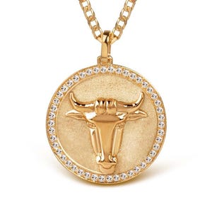14K Gold Bull Head Pendant, Diamond Bull Necklace, Personalized Wild Animal Jewelry, Cow Charm, Taurus Head Medal, Zodiac Sign Necklace