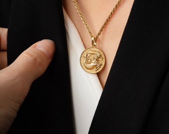 14K Solid Gold Capricorn Pendant: Zodiac Medallion Necklace