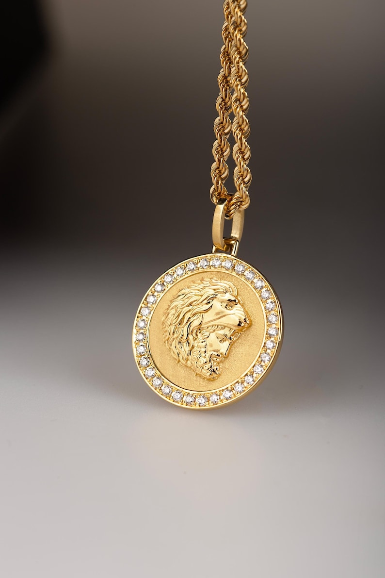 14K Gold Heracles Necklace, Custom Hercules Head Medallion, Diamond