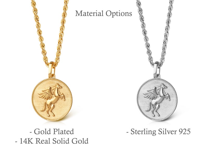 Pegasus Necklace, 14K Solid Gold Pendant, Winged Horse Charm, Greek