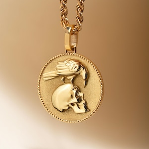 14K Gold Raven Skull Necklace: Gothic Memento Mori Jewelry