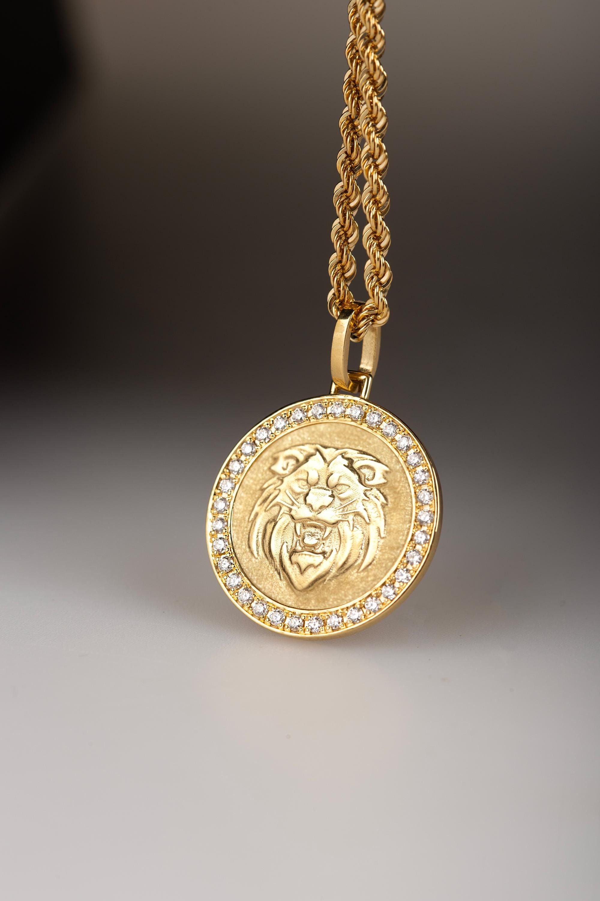 14K Gold Diamond Lion Head Medallion Necklace