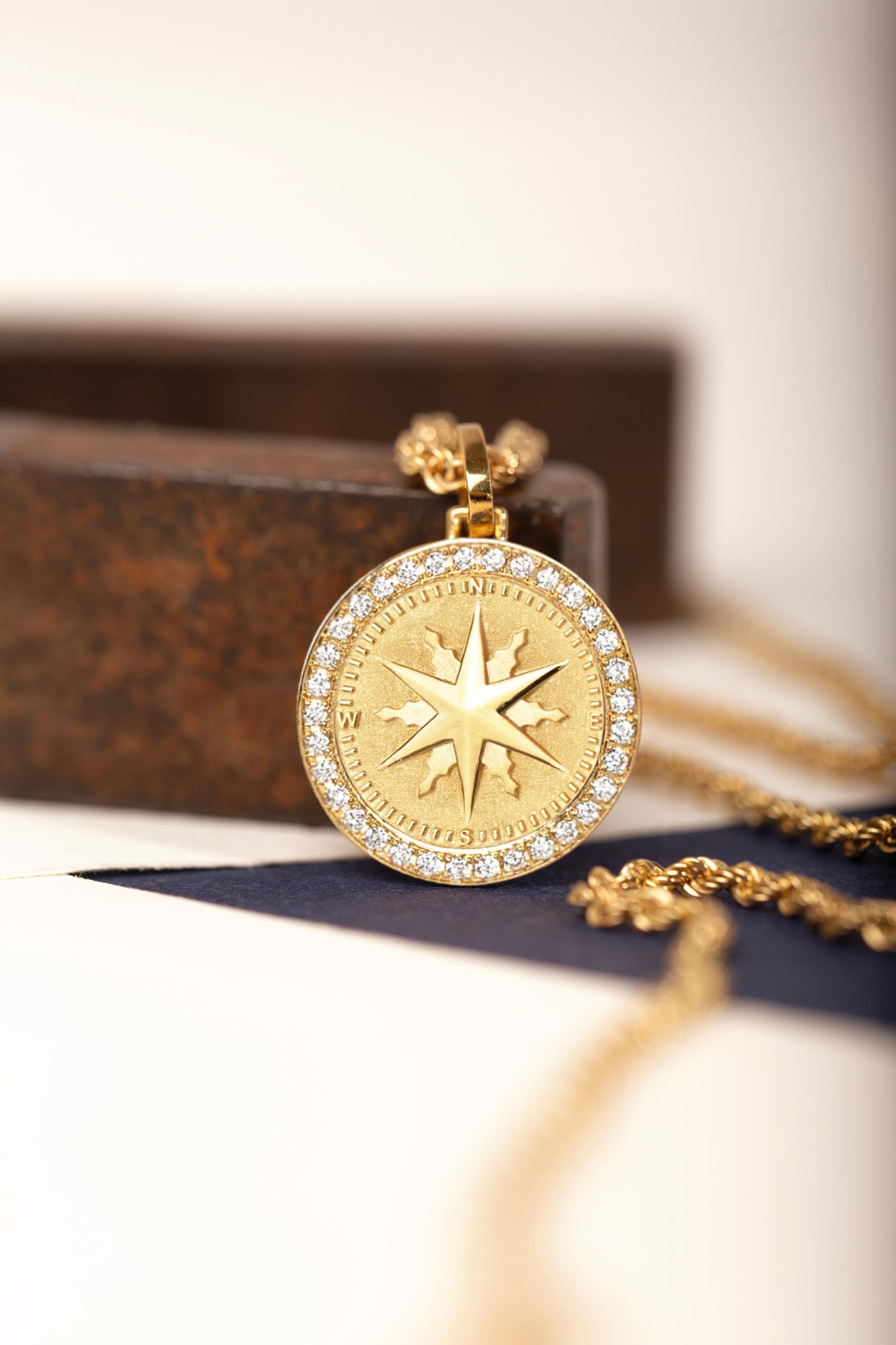 14K Gold Diamond Compass Necklace: Personalized North Star Pendant