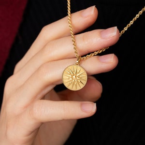 14K Solid Gold Vergina Sun Necklace, Greek Sun Pendant, Greek Mythology Charm, Ancient Greek Jewelry, Greek Coin Necklace, Symbolic Pendant