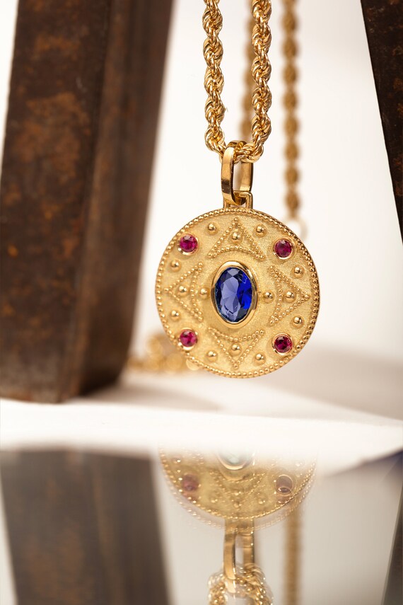 14K Gold Sapphire Byzantine Necklace: Roman Style Pendant