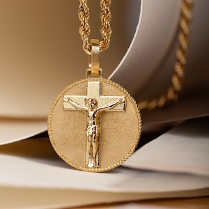 14K Solid Gold Jesus Crucifix Pendant, Jesus Coin Necklace, Religious Jewelry, Cross Charm, Jesus Christ Pendant, Crucifix Necklace for Men