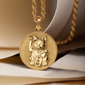 14K Złoty Naszyjnik Maneki Neko, Biżuteria Witamy Kota, Wisiorek na Szczęście Kota, Japoński Urok Kota, Prezent Na Szczęście, Naszyjnik Ochronny, Prezent Dla Kota