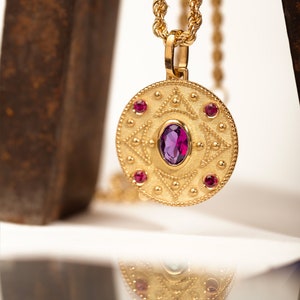 14K Gold Byzantine Necklace: Oval Ruby Pendant, Italian Jewelry