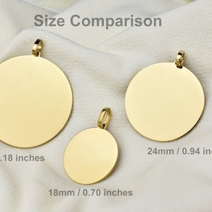 May include: Three gold-colored circular pendants with attached bails, labeled Size Comparison. The pendants measure 30mm (1.18 inches), 24mm (0.94 inches), and 18mm (0.70 inches) in diameter, showcasing a smooth, reflective, and flat surface design.