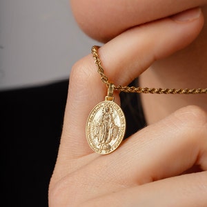 14K Gold Miraculous Medal Necklace, Virgin Mary Pendant, Mother of God Jewelry, Oval Gold Pendant, Christian Necklace, Holy Mother Charm