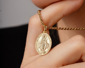 14K Gold Miraculous Virgin Mary Medal Necklace