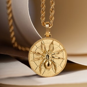 14K Solid Gold Tarantula Necklace: Spider Disc Pendant, Halloween Jewelry