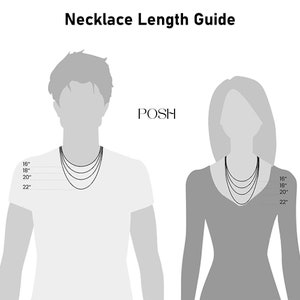 May include: A black and white infographic titled Necklace Length Guide featuring the word POSH. It displays two grey silhouettes wearing four layered necklaces at 16, 18, 20, and 22 inches to illustrate how different chain lengths sit on the body.