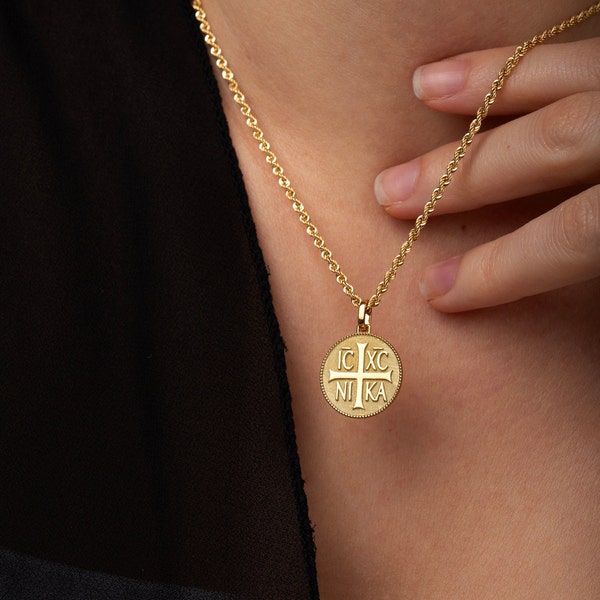 14K Gold IC XC NIKA Cross Necklace, Constantine Coin Charm, Greek Orthodox Jewelry, Protection Pendant, Religious Necklace, Christian Gift