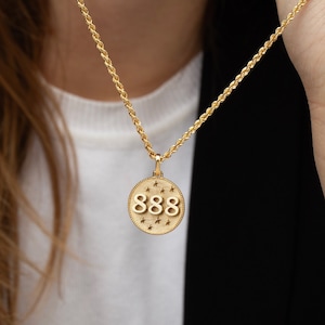 14K Solid Gold Angel Number Pendant, 888 Number Necklace, Spiritual Jewelry, Chinese Good Good Numerology Pendant, 888 Angel Number Necklace