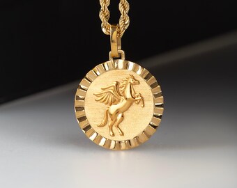 14K Solid Gold Pegasus Medallion: Mythical Winged Horse Pendant