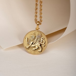 Griffin Disc Medallion, 14K Gold Greek Mythology Pendant, Gryphon Jewelry, Lion and Eagle Necklace, Ancient Greek Charm, Griffin Necklace