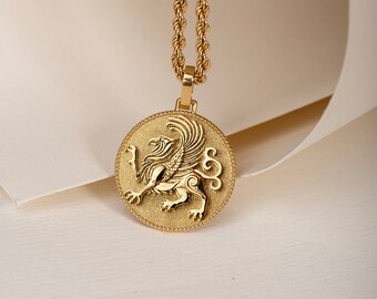 14K gouden griffioenmedaillon: hanger Griekse mythologie leeuwenarend