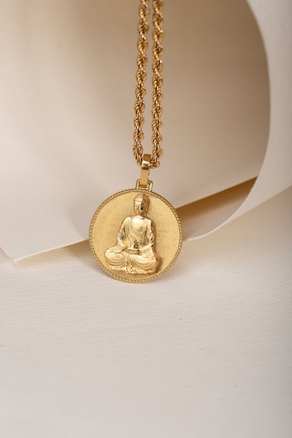 14Kソリッドゴールドブッダネックレス：仏教ディスクペンダント - Etsy 