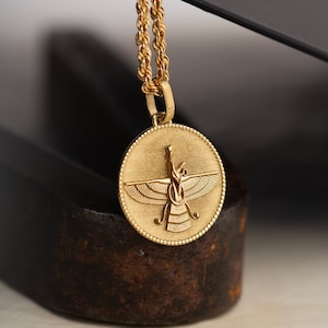 14K Gold Farvahar Necklace, Foruhar Pendant, Ahura Mazda Jewelry, Zoroastrian Gold Necklace, Persian Gold Jewelry, Farvahar Disc Farsi Gift
