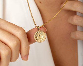 Colgante de moneda de Alejandro Magno en oro de 14 quilates, collar de mitología griega