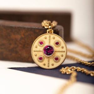 Ruby Byzantine Pendant: 14K Solid Gold Ancient Greek Necklace