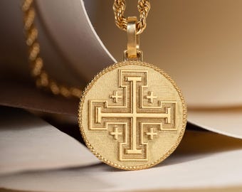 14K Solid Gold Jerusalem Cross Pendant Necklace
