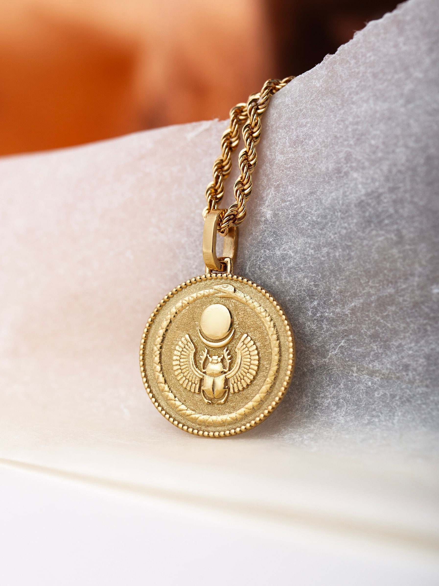 14K Solid Gold Scarab Pendant, Egyptian Scarab Necklace, Egyptian Beetle Jewelry, Egyptian Charm, Gold Scarab Medallion, Beetle Necklace
