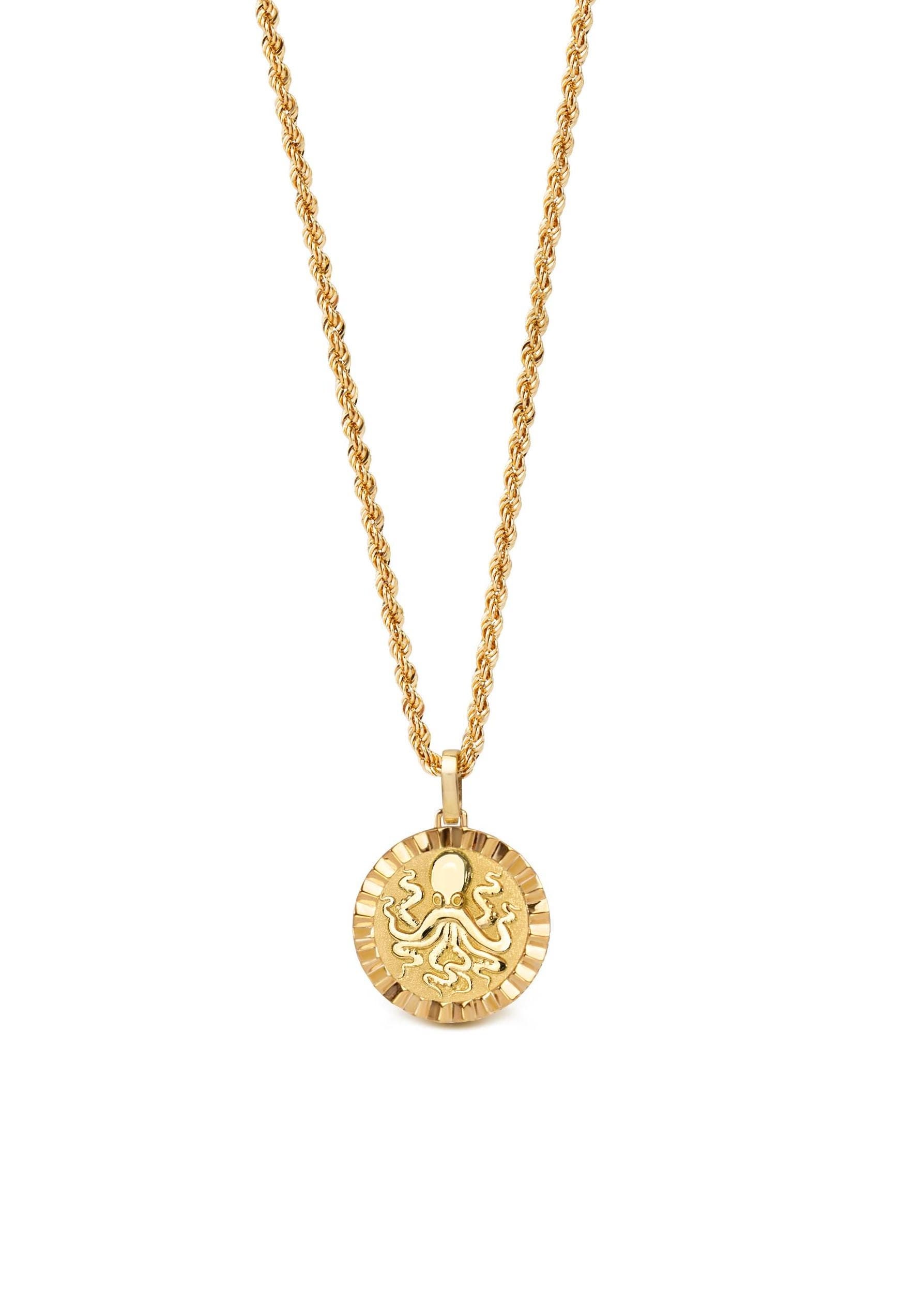 14K Gold Octopus Pendant: Kraken Disc Necklace, Sea Animal Jewelry