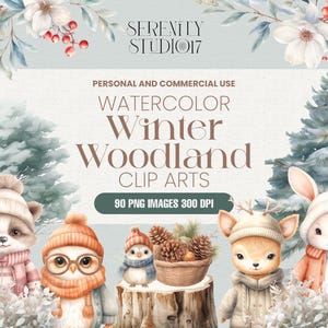Winter Woodland Watercolor Clip Arts | Watercolor Forest Animal, Snowy Trees, and Winter Elements for DIY Projects | Transparent Background