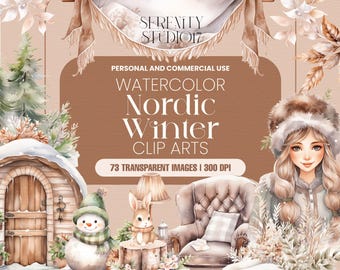 May include: Watercolor clipart set featuring a cozy winter scene with a snowman, a rabbit, a house, a chair, and a girl wearing a winter hat and coat. The set includes 73 transparent images at 300 DPI.
